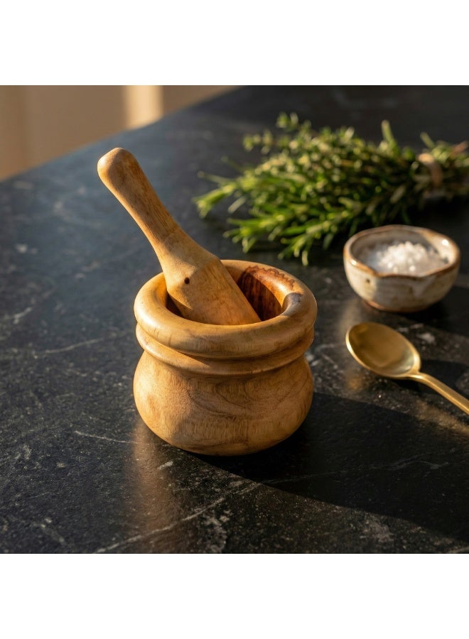 كذا هوم هاون ومدقة من خشب السرسوع الطبيعي صناعة يدوية مطحنة متينة للتوابل والأعشاب مصر - Image 2